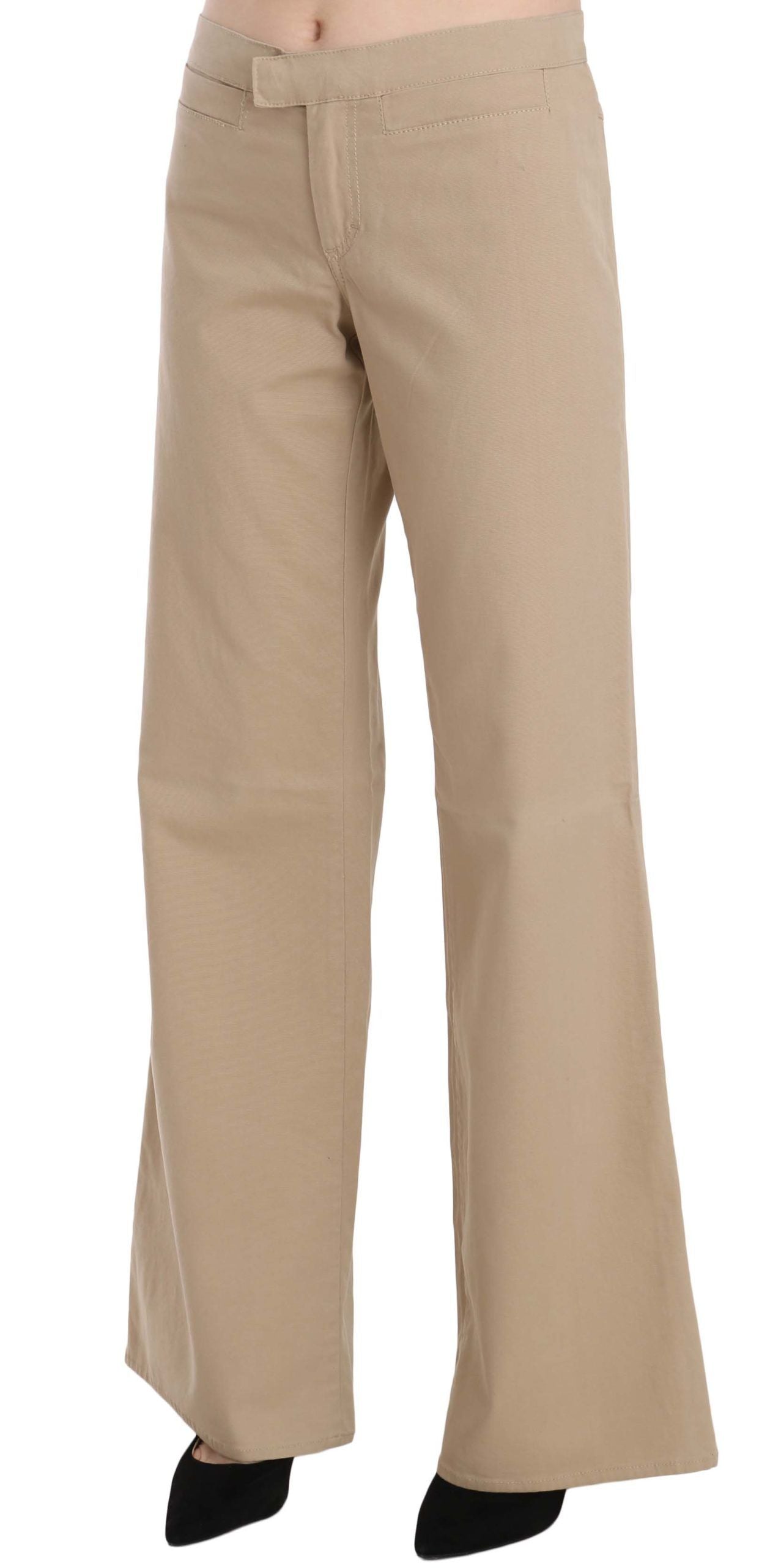 Beige Mid Waist Flared Luxury Trousers