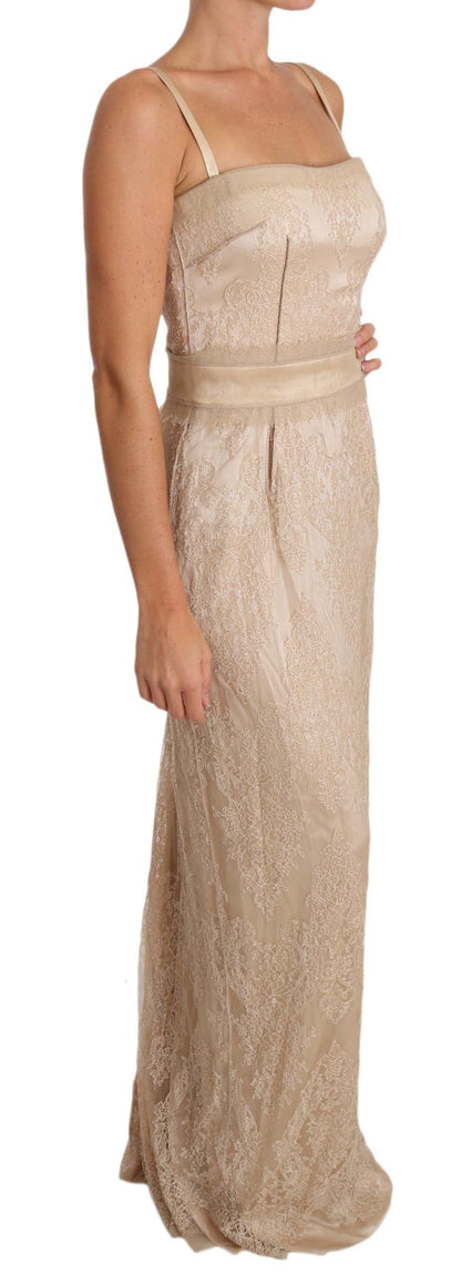 Elegante vestido tubo beige hasta el suelo