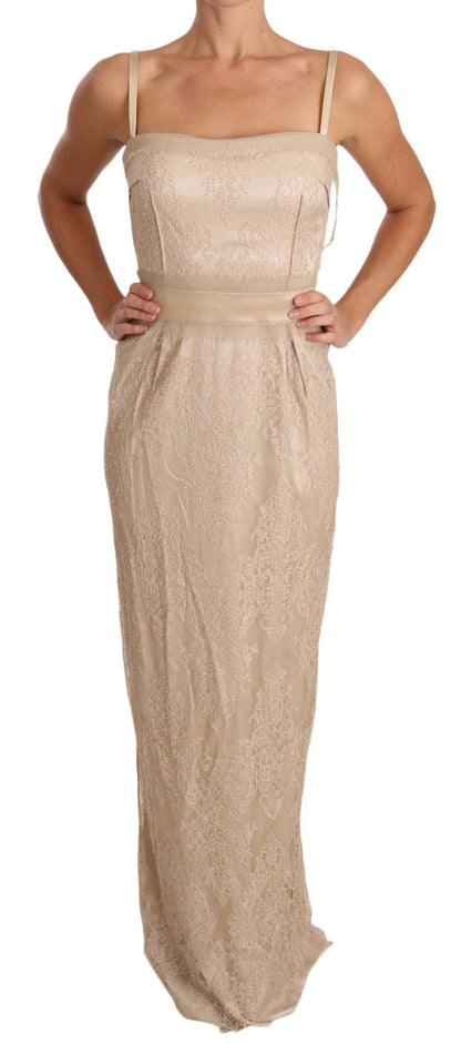 Elegante vestido tubo beige hasta el suelo