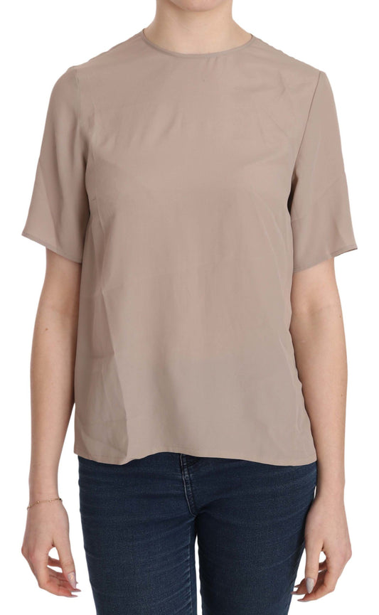 Elegante blusa con cuello redondo en mezcla de seda beige