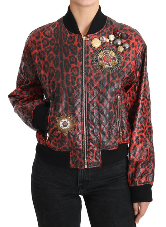 Chaqueta bomber de cuero de leopardo rojo con botones de cristal