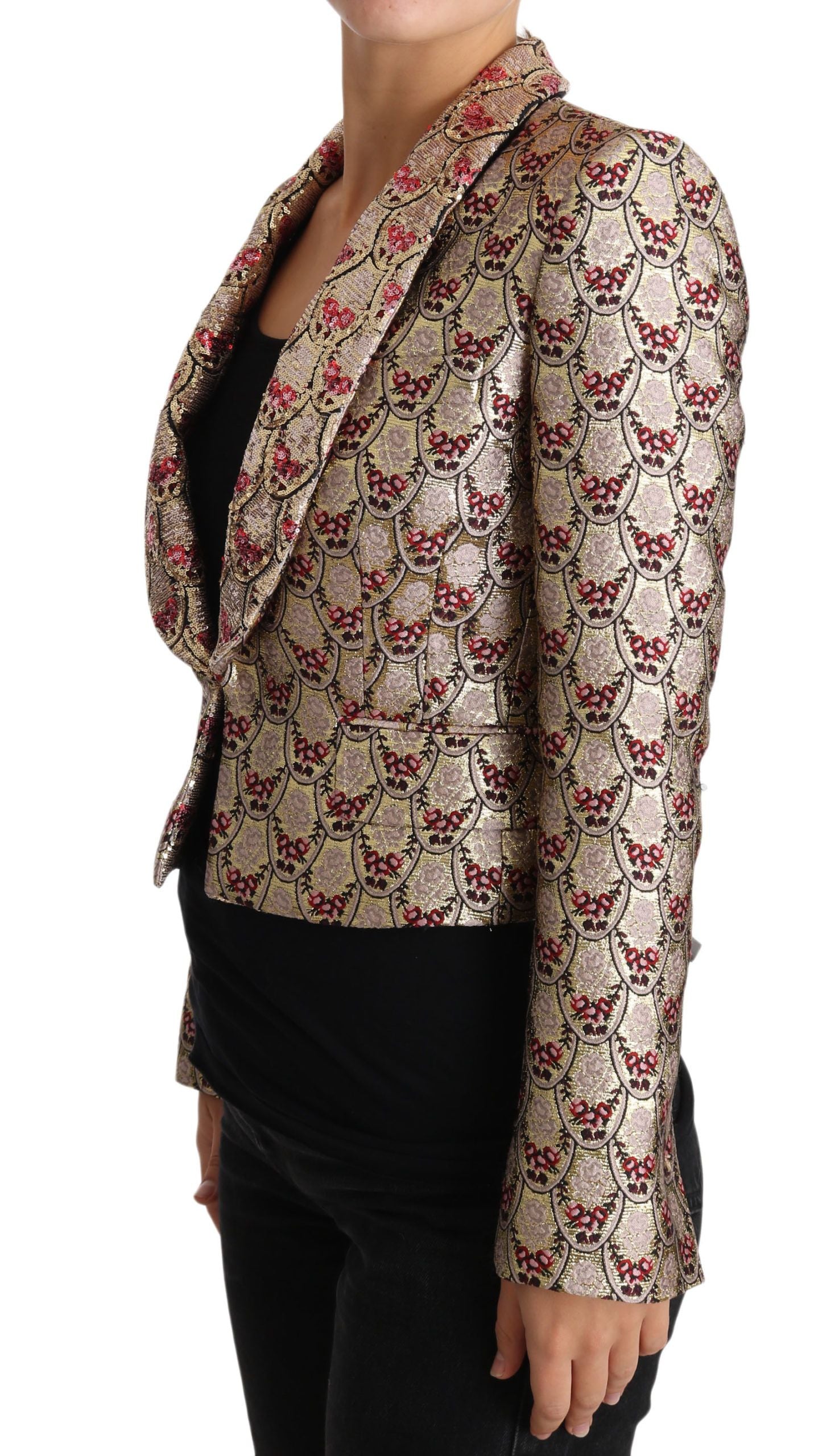 Chaqueta tipo blazer con lentejuelas y flores doradas brillantes