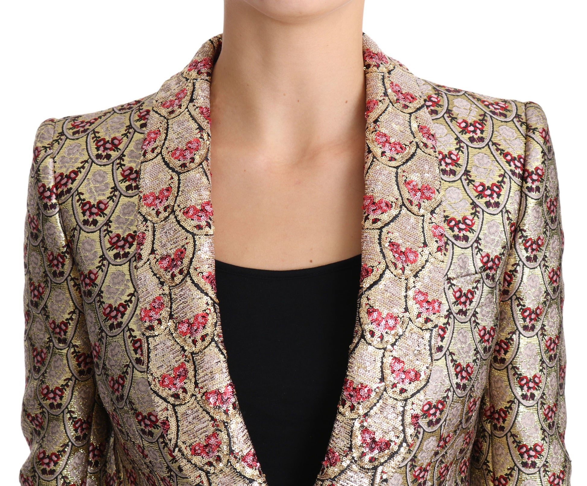 Chaqueta tipo blazer con lentejuelas y flores doradas brillantes