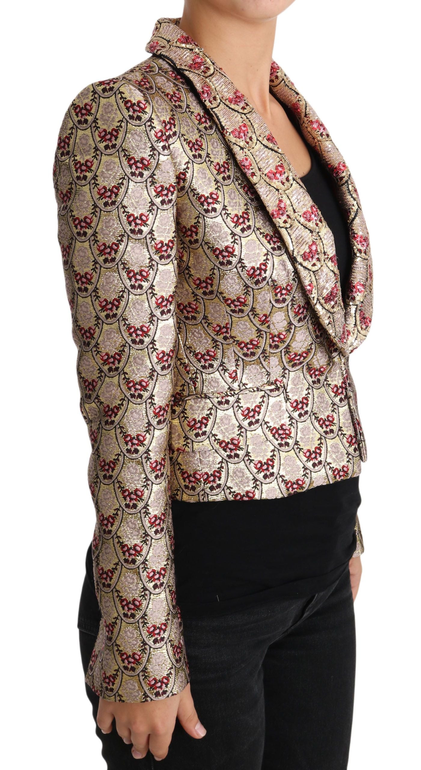 Chaqueta tipo blazer con lentejuelas y flores doradas brillantes