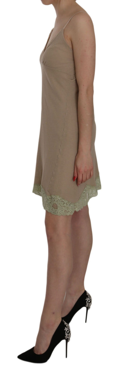 Elegant Beige Lace Spaghetti Strap Mini Dress