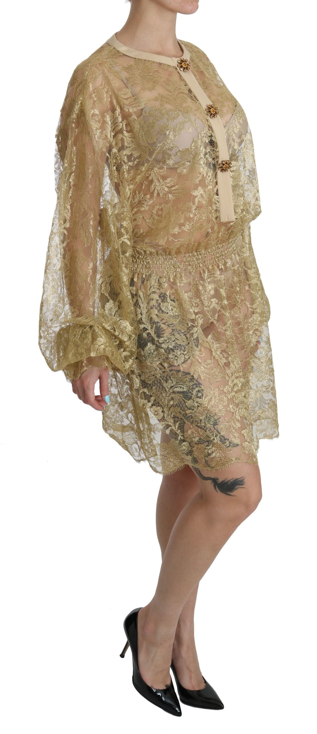 Elegant Gold Lace A-Line Knee Length Dress