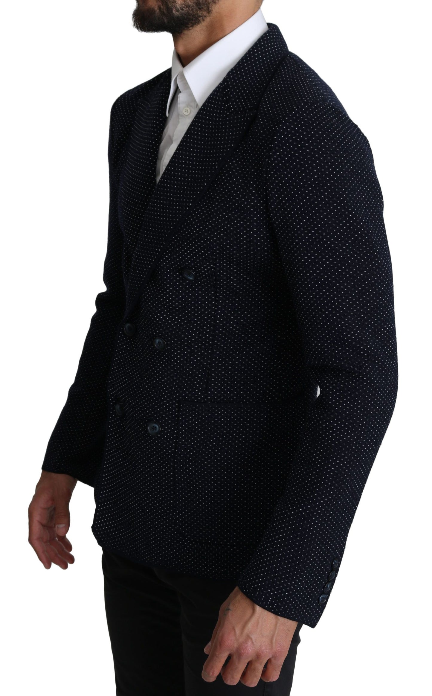 Elegante donkerblauwe slim-fit blazer met stippen