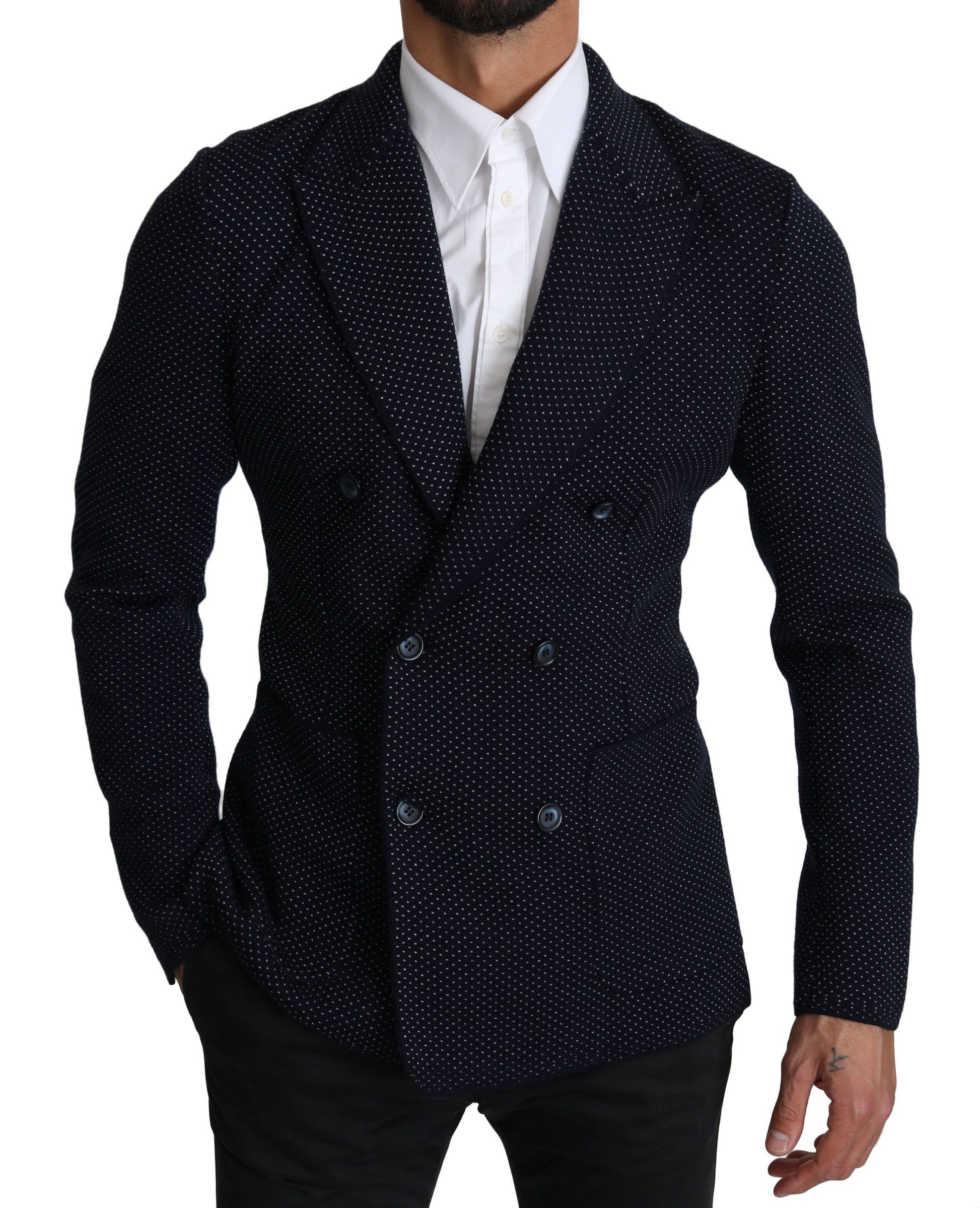 Elegante donkerblauwe slim-fit blazer met stippen