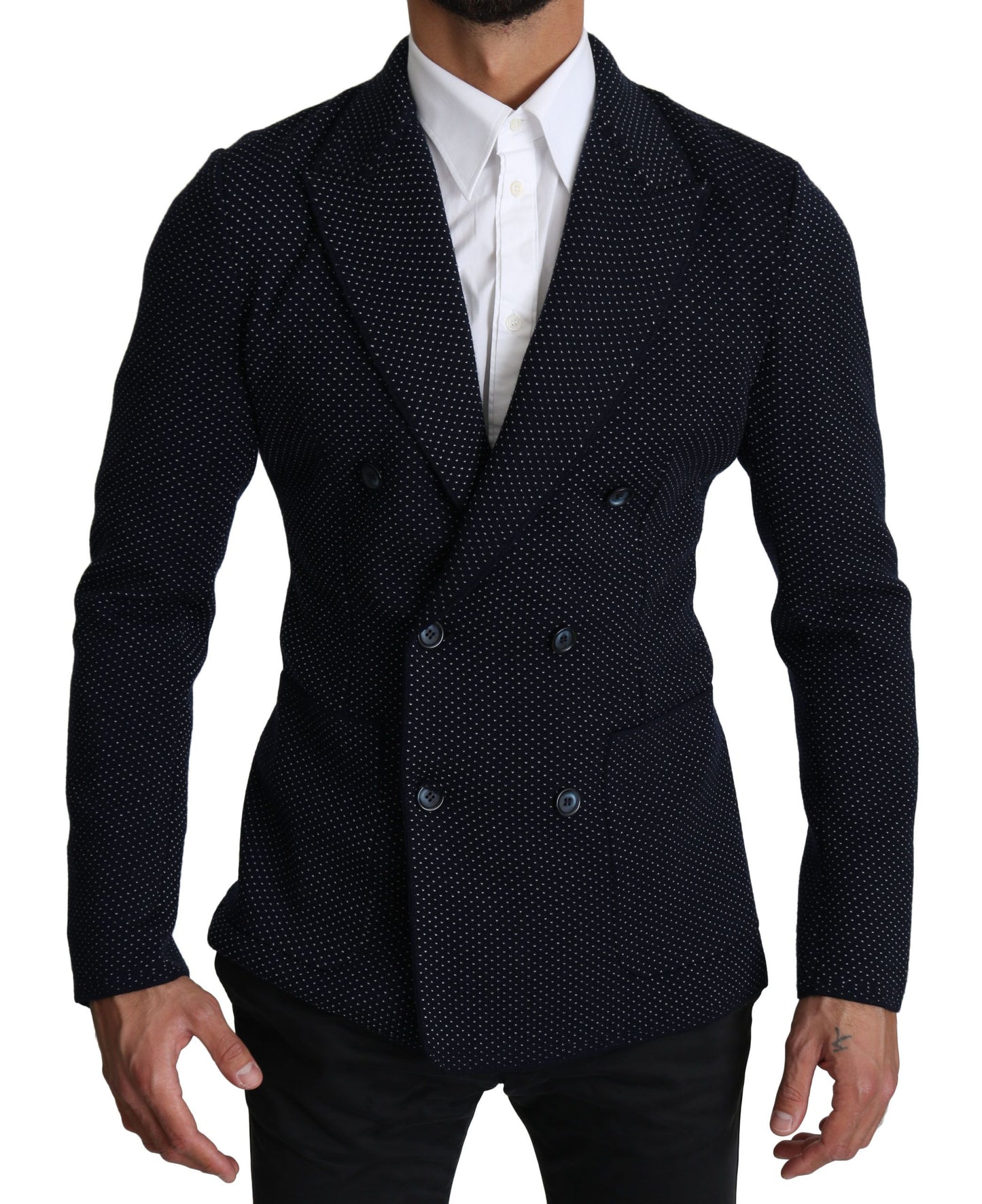 Elegante donkerblauwe slim-fit blazer met stippen