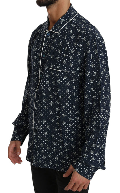 Silken Elegance: Blue Skull Print Lounge Shirt