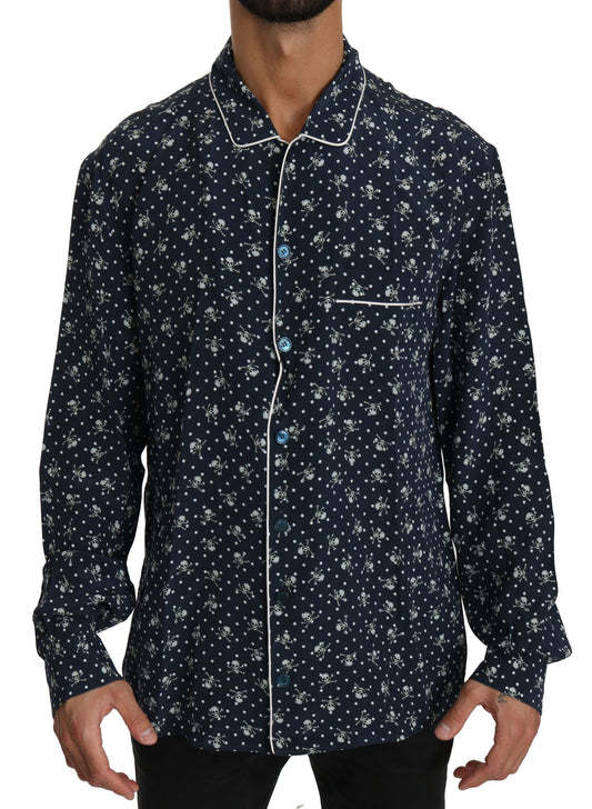 Elegancia sedosa: camisa lounge con estampado de calavera azul