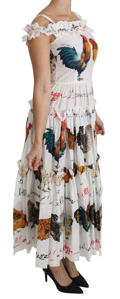 Vestido midi tubo con estampado de gallo blanco elegante