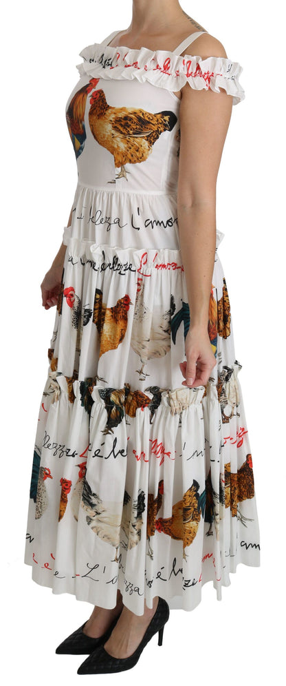 Vestido midi tubo con estampado de gallo blanco elegante