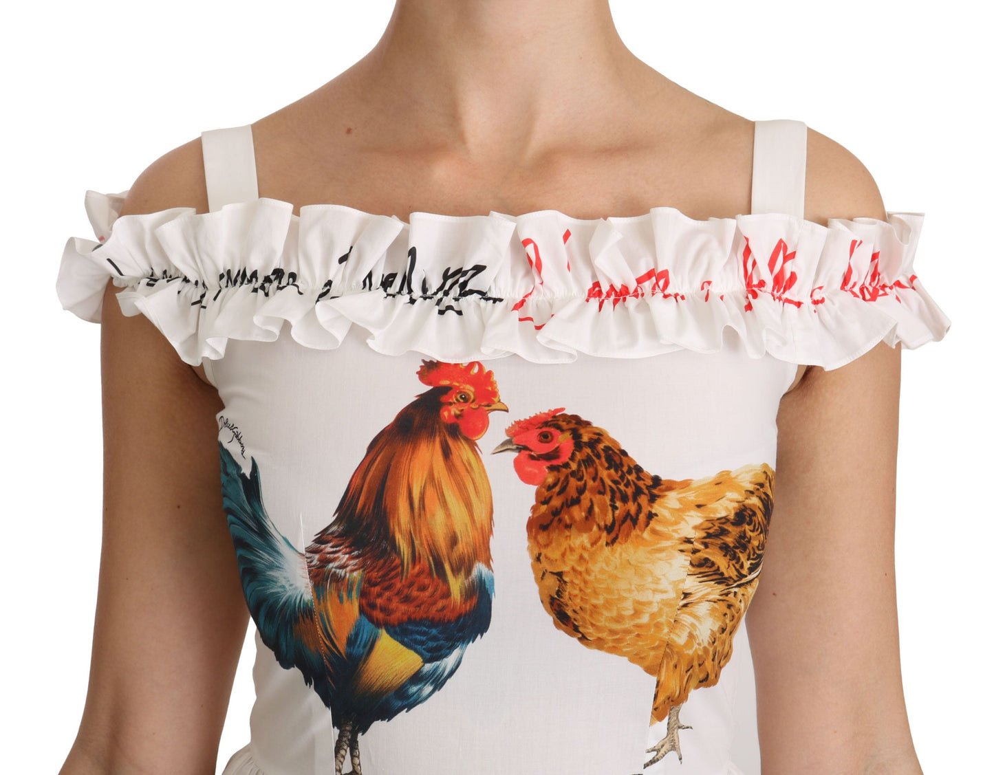 Vestido midi tubo con estampado de gallo blanco elegante