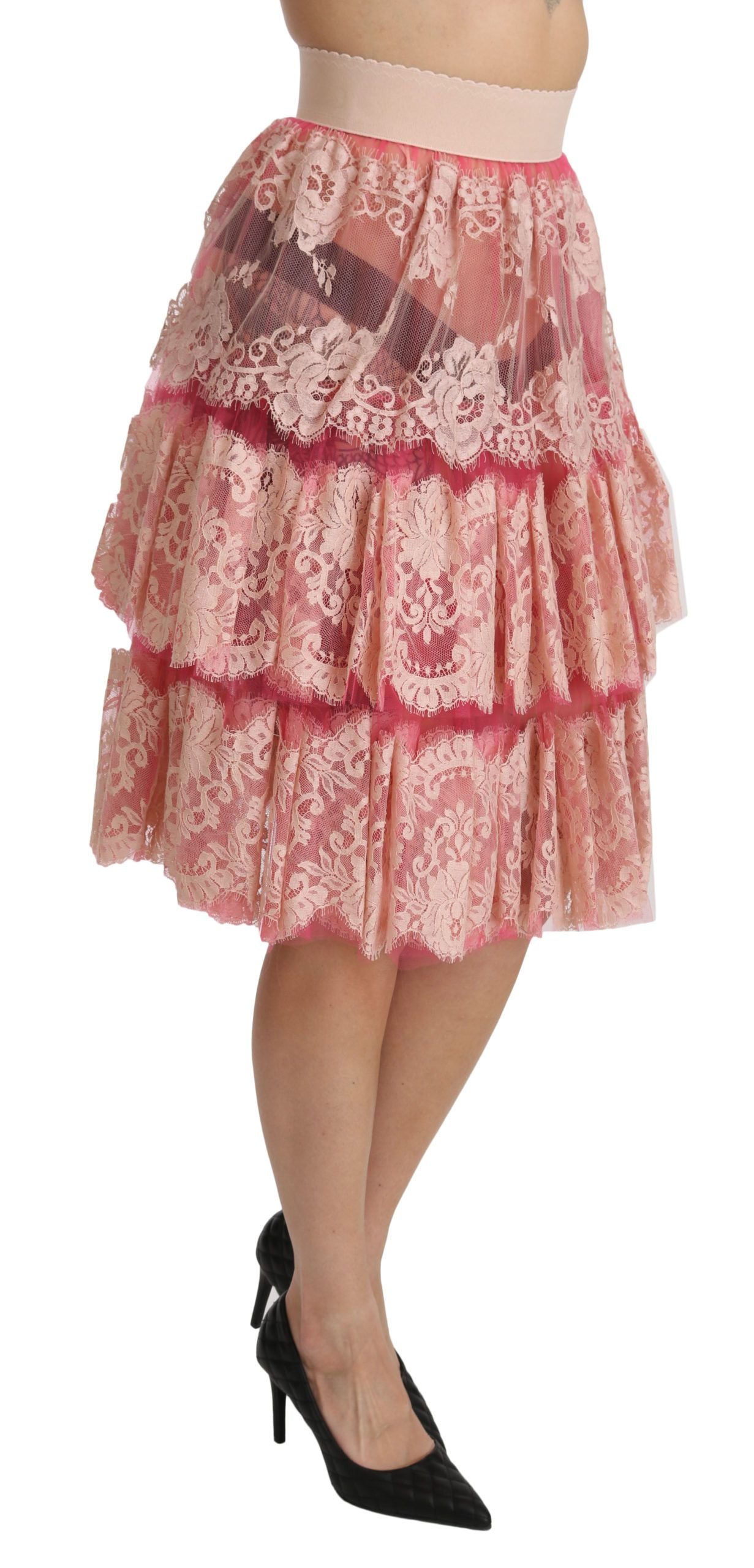 Elegante roze kanten rok met hoge taille