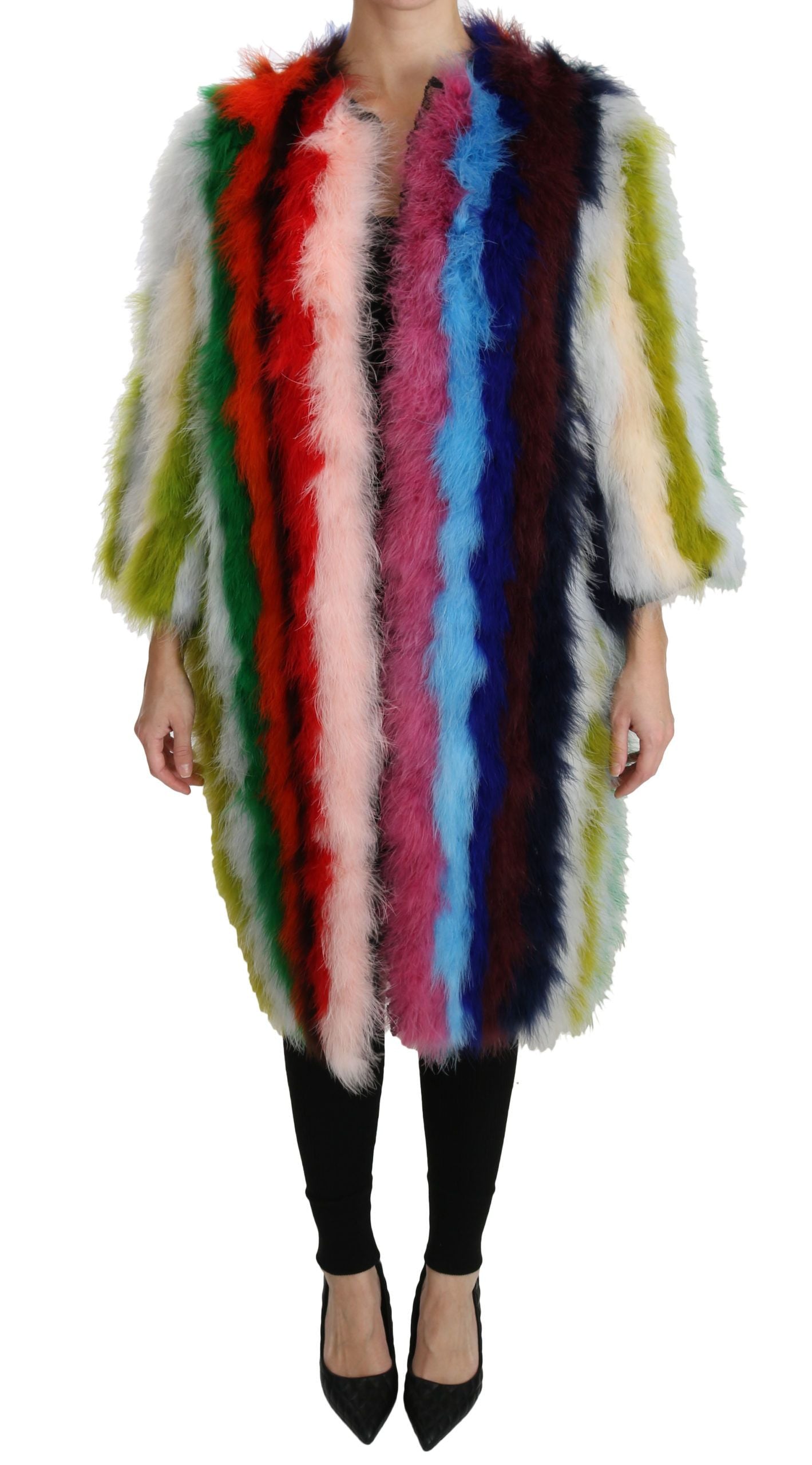 Elegante chaqueta de abrigo largo de plumas multicolores