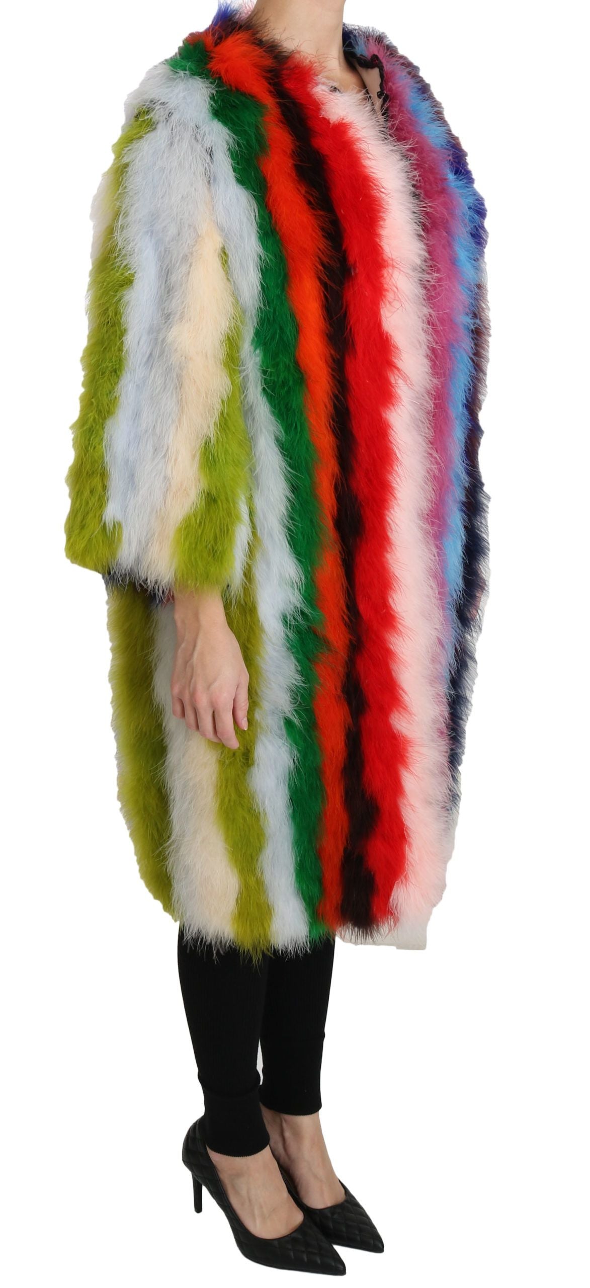 Elegante chaqueta de abrigo largo de plumas multicolores