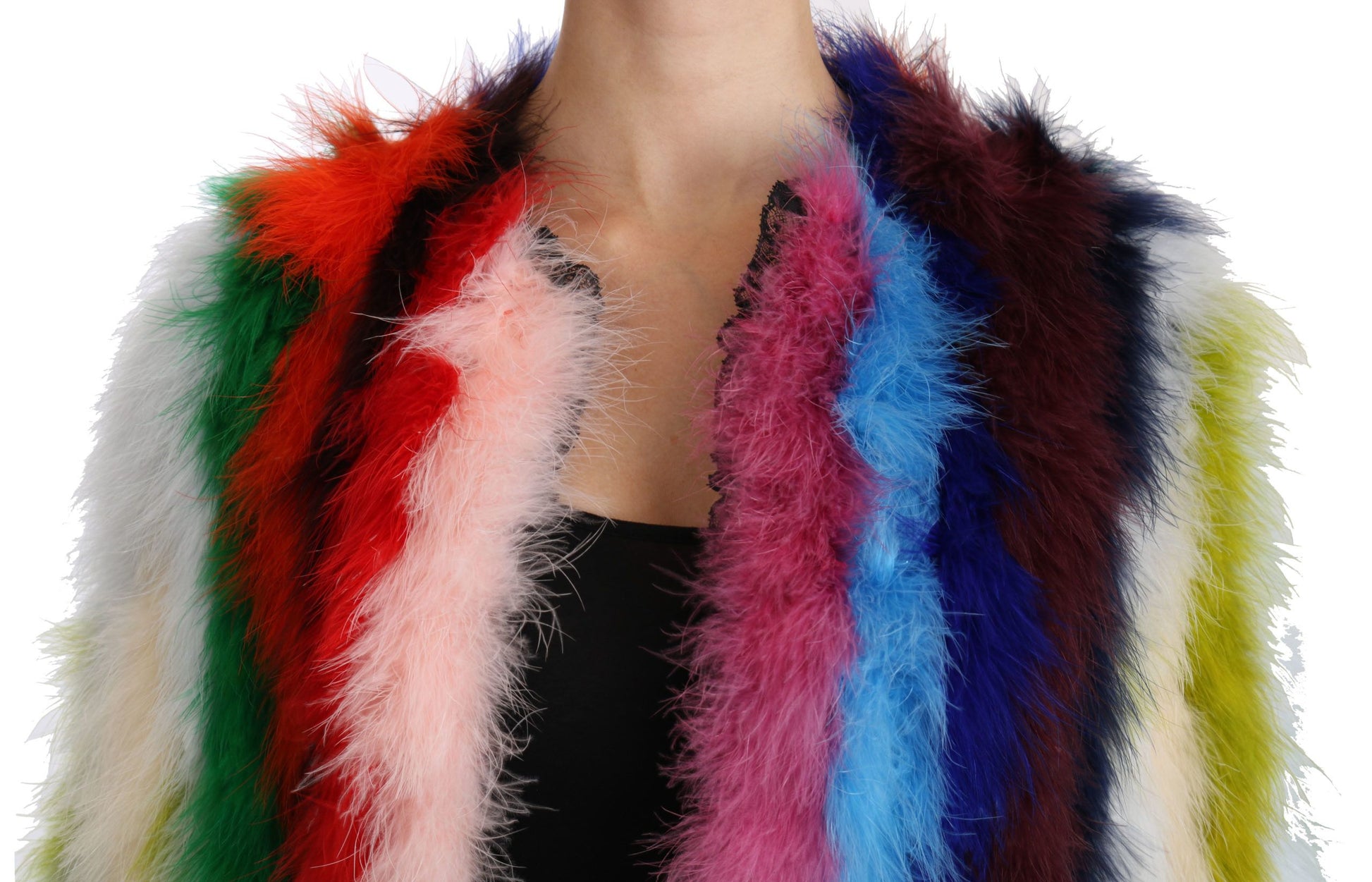 Elegante chaqueta de abrigo largo de plumas multicolores