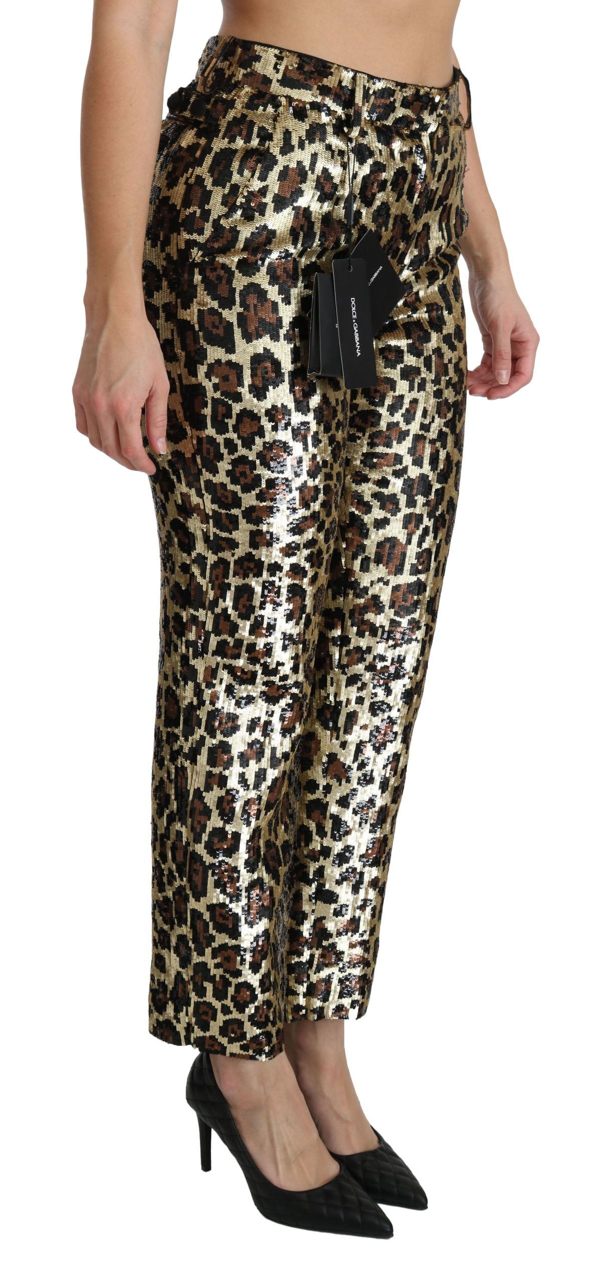 Pantalones elegantes de lentejuelas de leopardo de cintura alta