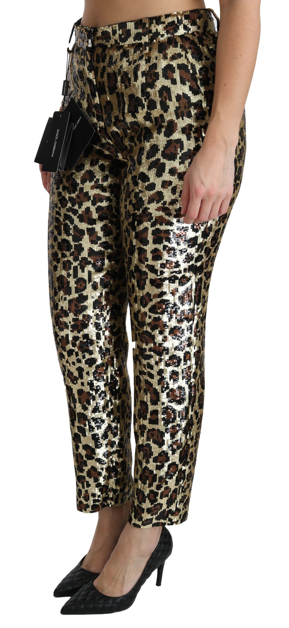 Pantalones elegantes de lentejuelas de leopardo de cintura alta