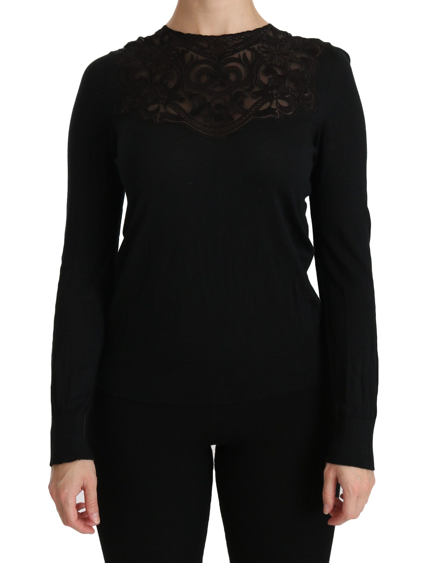 Elegante zwarte kanten blouse van zijdemix