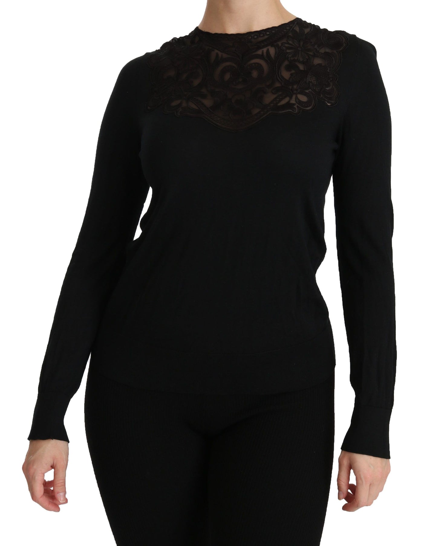 Elegant Silk-Blend Black Lace Blouse