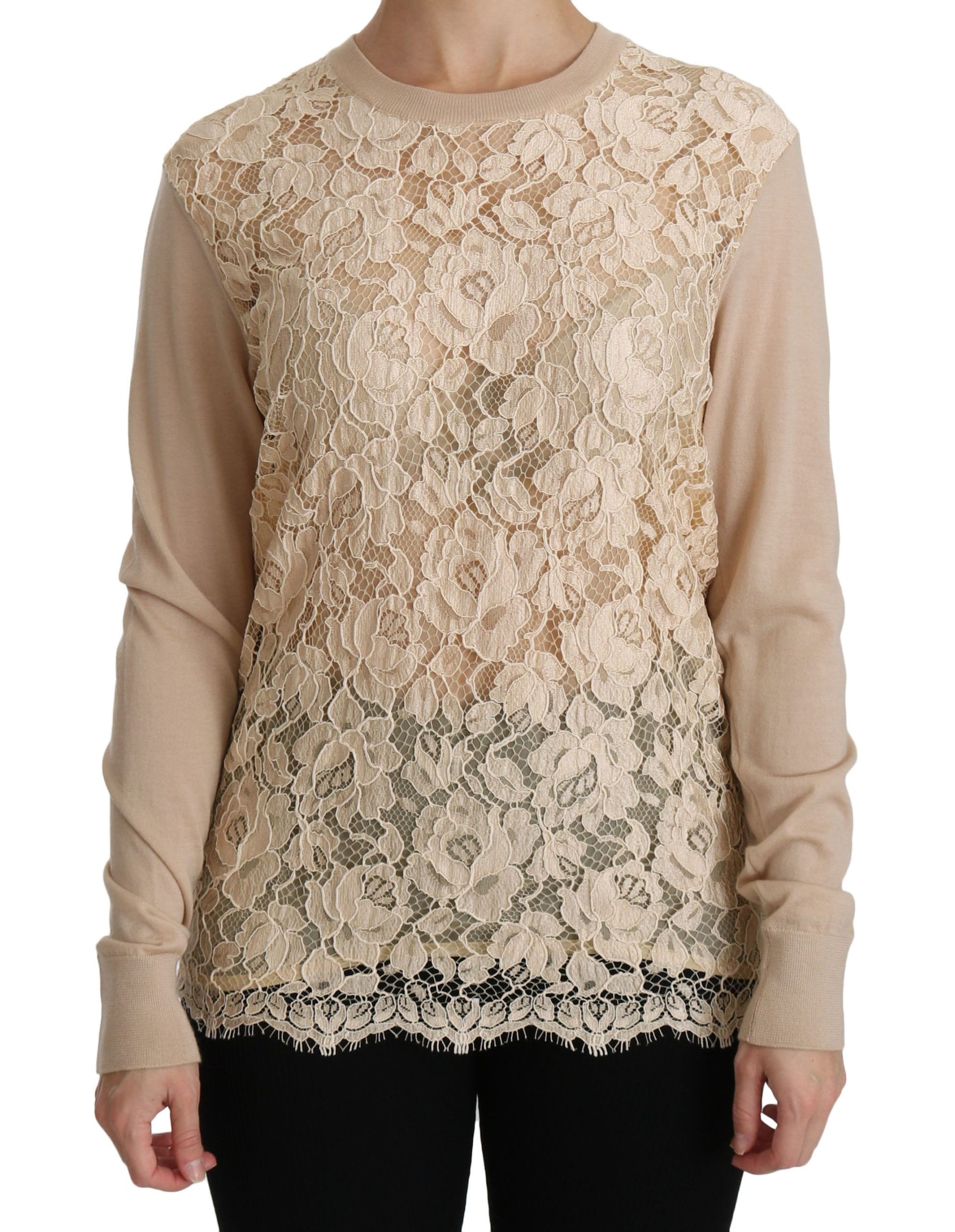 Elegante beige kanten kasjmierblouse met ronde hals