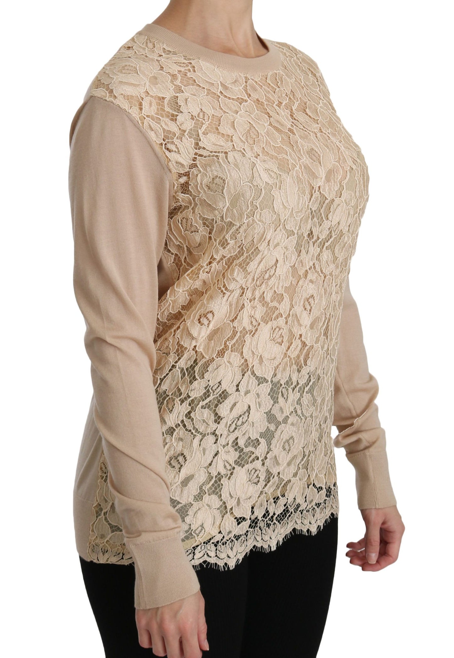 Elegante beige kanten kasjmierblouse met ronde hals