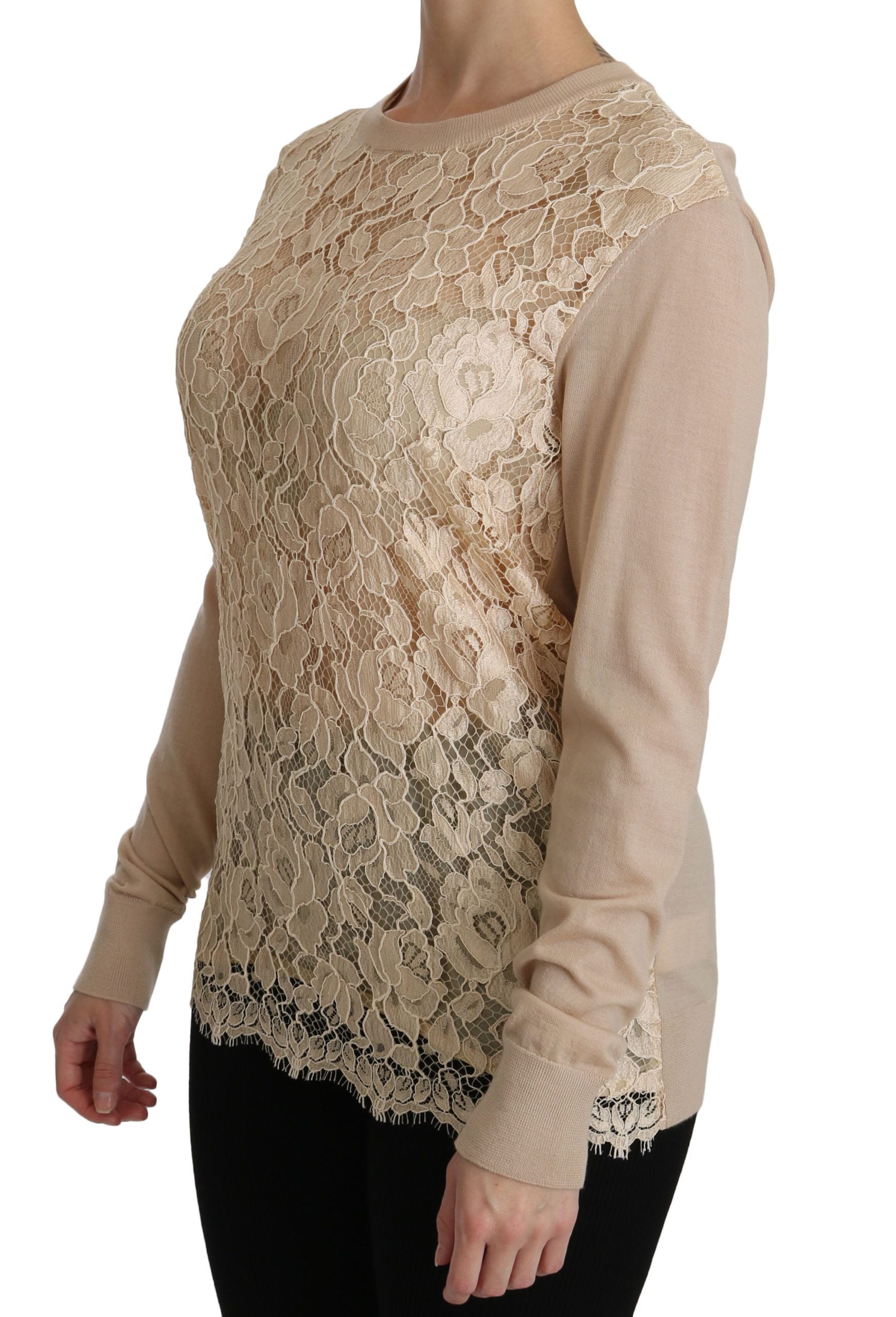 Elegant Beige Lace Crew Neck Cashmere Blouse