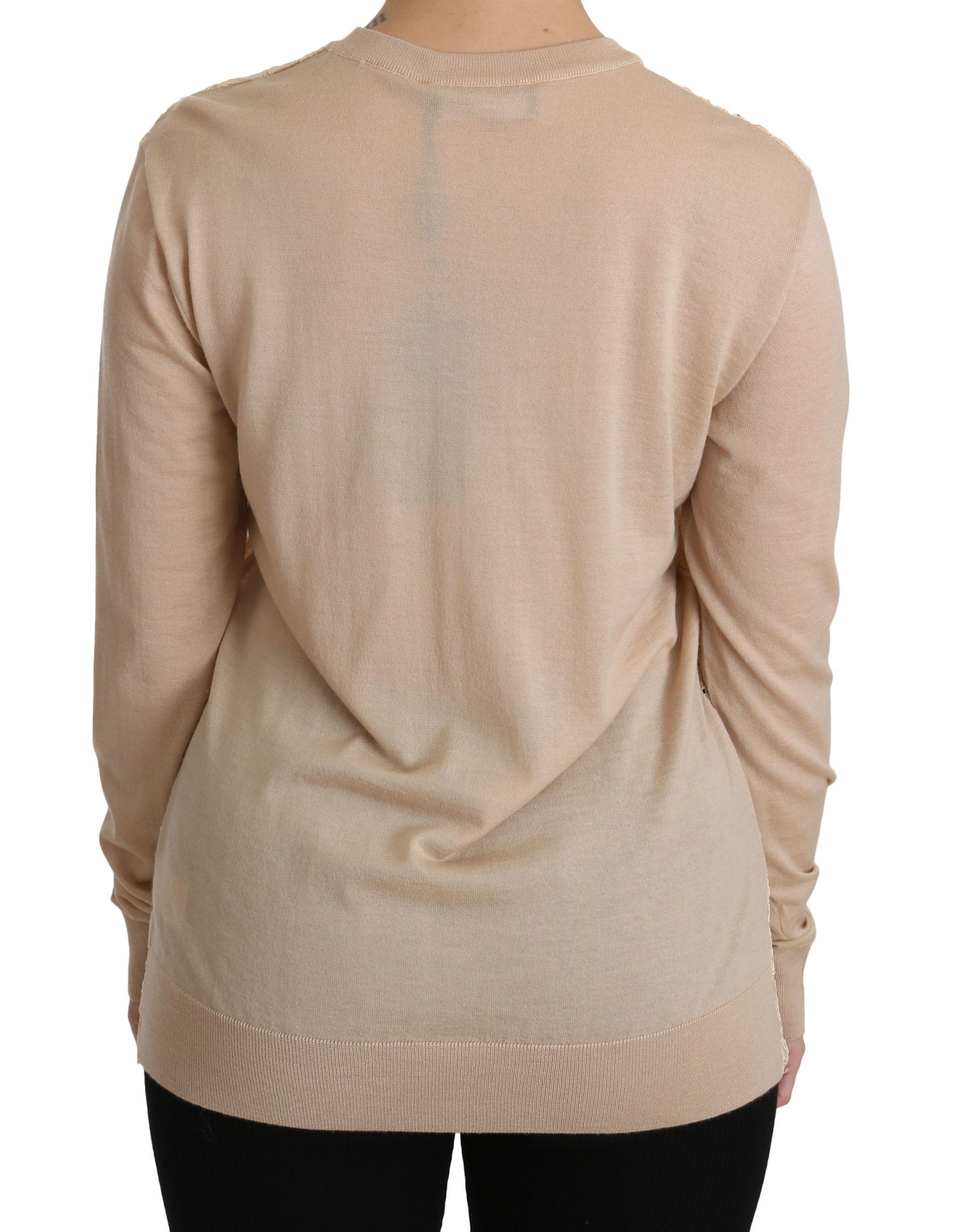 Elegante beige kanten kasjmierblouse met ronde hals