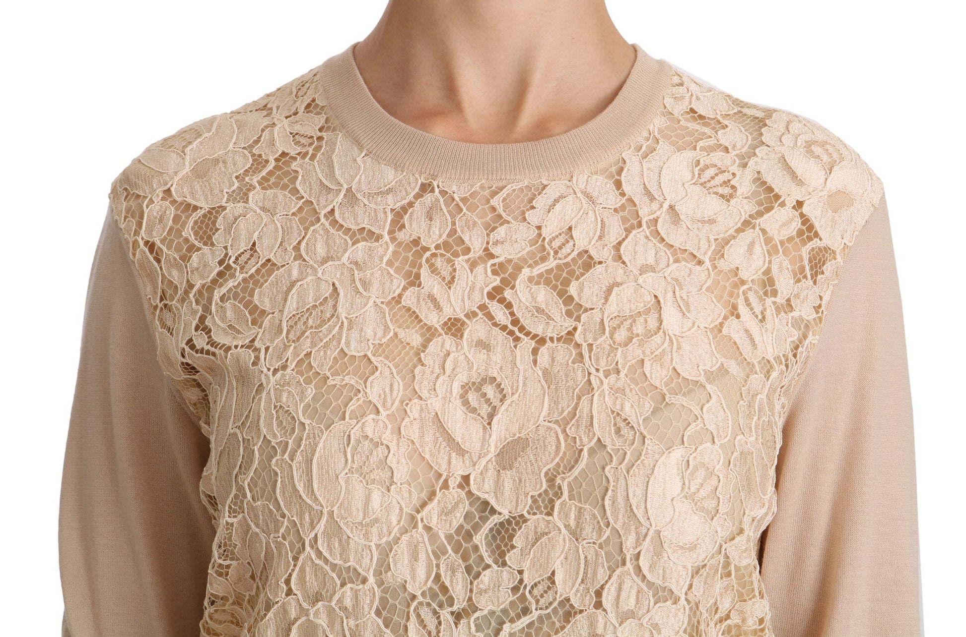 Elegante beige kanten kasjmierblouse met ronde hals