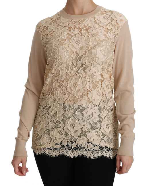 Elegante blusa de cachemir con cuello redondo y encaje beige