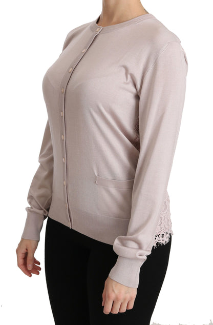 Silk Blend Pink Crew Neck Cardigan