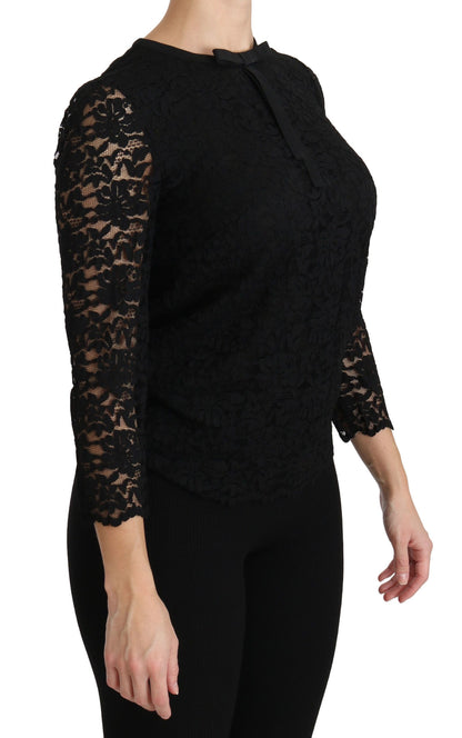 Blusa elegante con cuello redondo de encaje negro