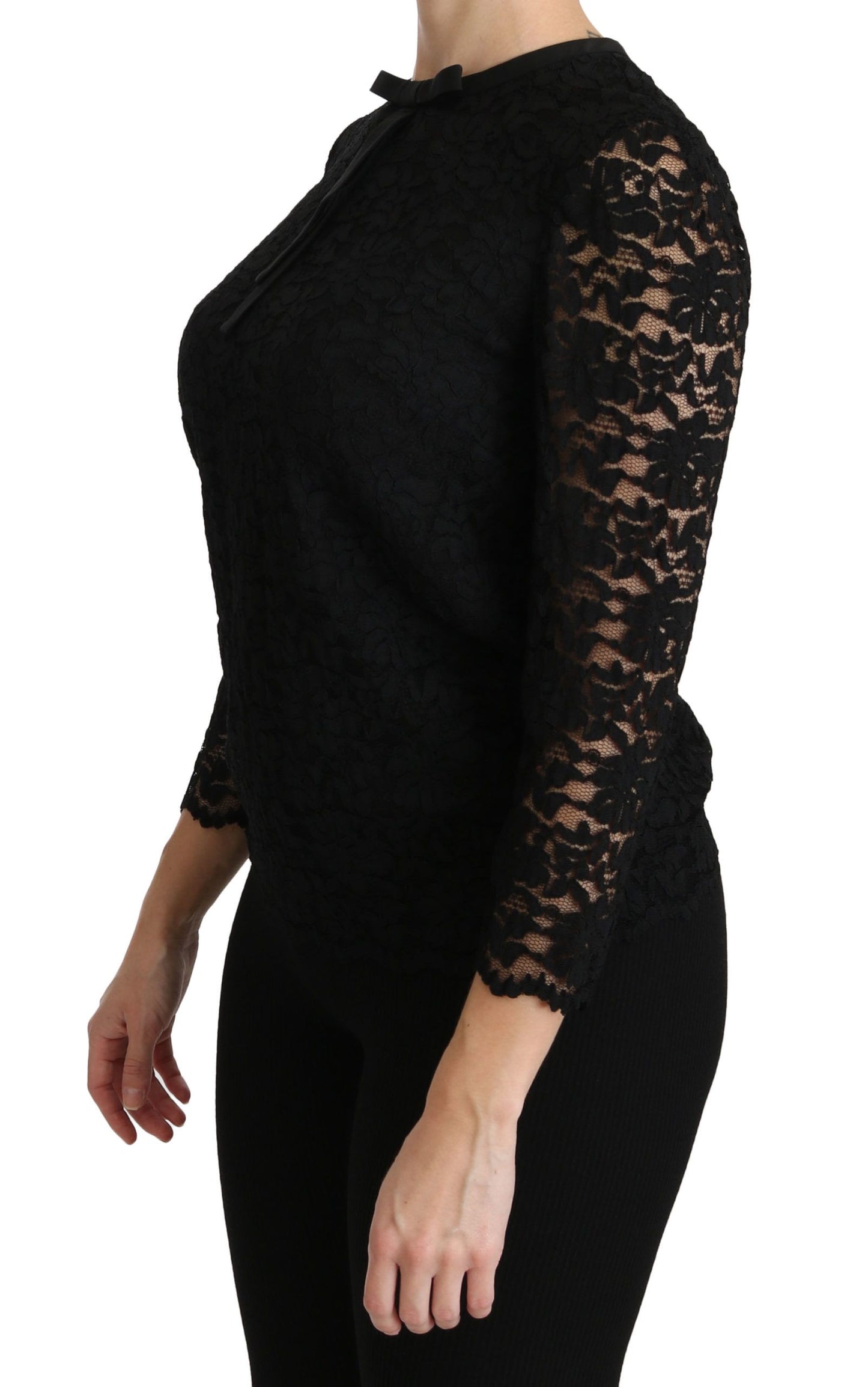 Elegant Black Lace Crew Neck Blouse