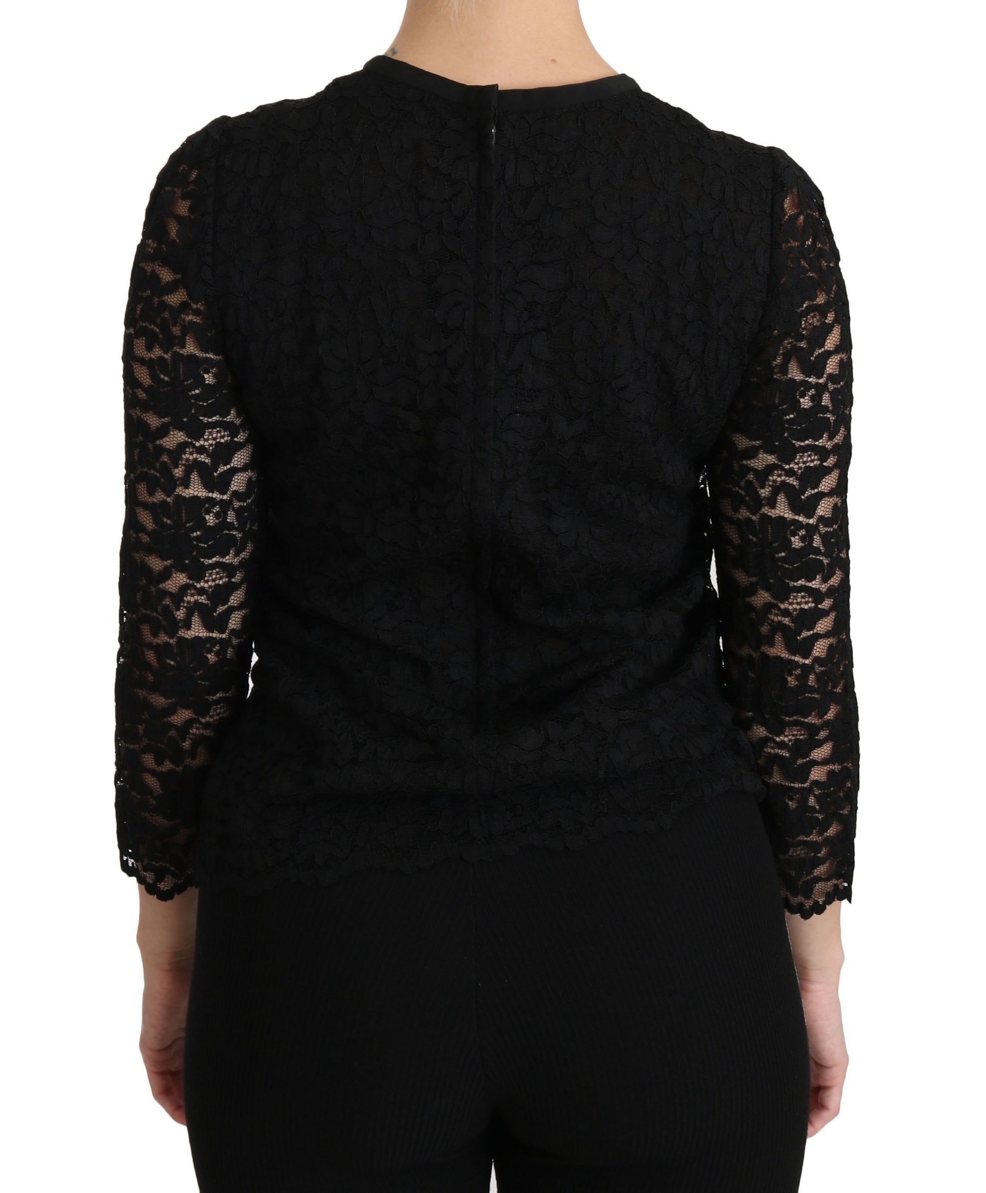 Blusa elegante con cuello redondo de encaje negro