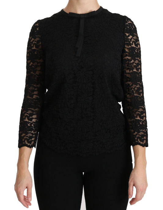 Blusa elegante con cuello redondo de encaje negro