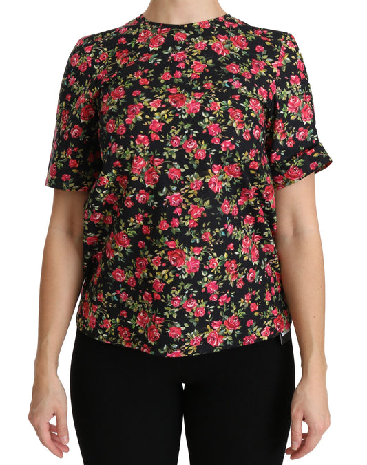 Top elegante con cuello redondo y estampado floral negro