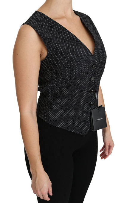 Chic Black Dotted Wool Blend Sleeveless Vest