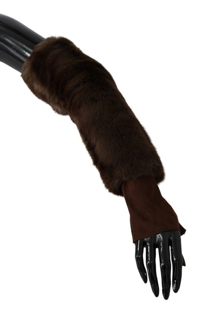 Elegant Brown Fur & Leather Elbow-Length Gloves