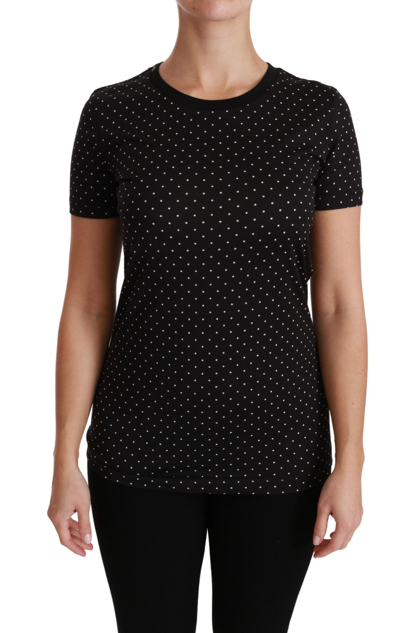 Chic Black Dotted Crewneck Cotton Tee