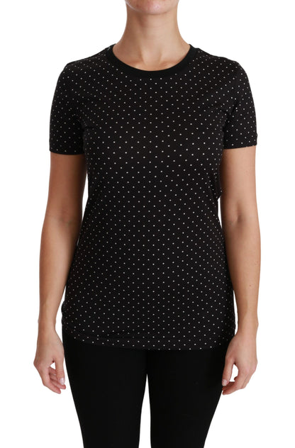 Camiseta elegante de algodón con cuello redondo y puntos negros