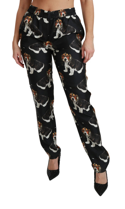 Pantalones elegantes con estampado de cachorro de seda