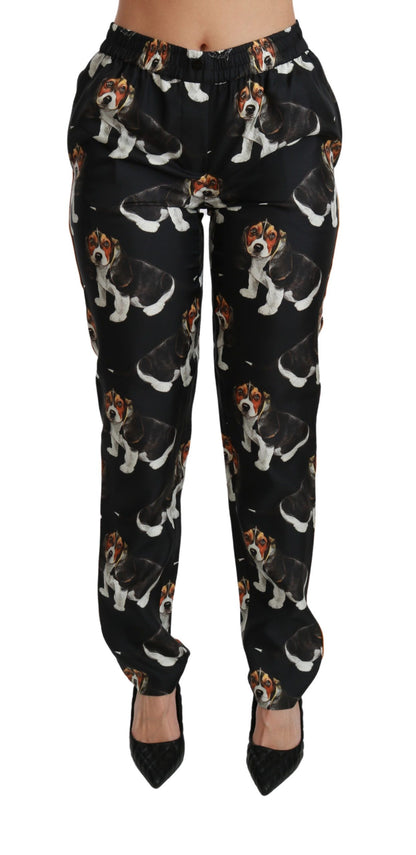 Pantalones elegantes con estampado de cachorro de seda