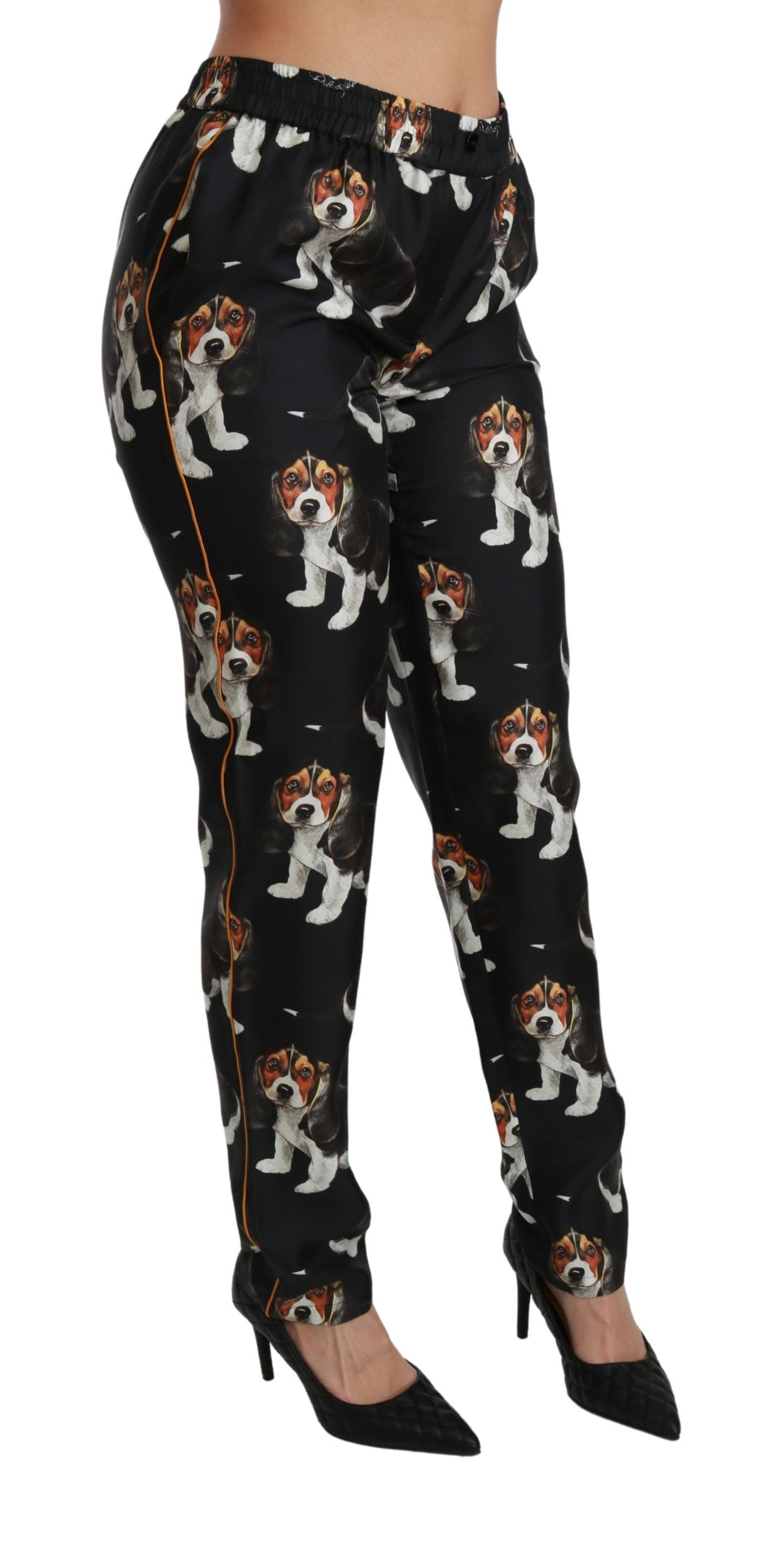 Pantalones elegantes con estampado de cachorro de seda