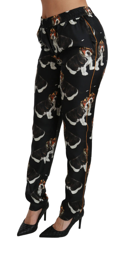 Pantalones elegantes con estampado de cachorro de seda