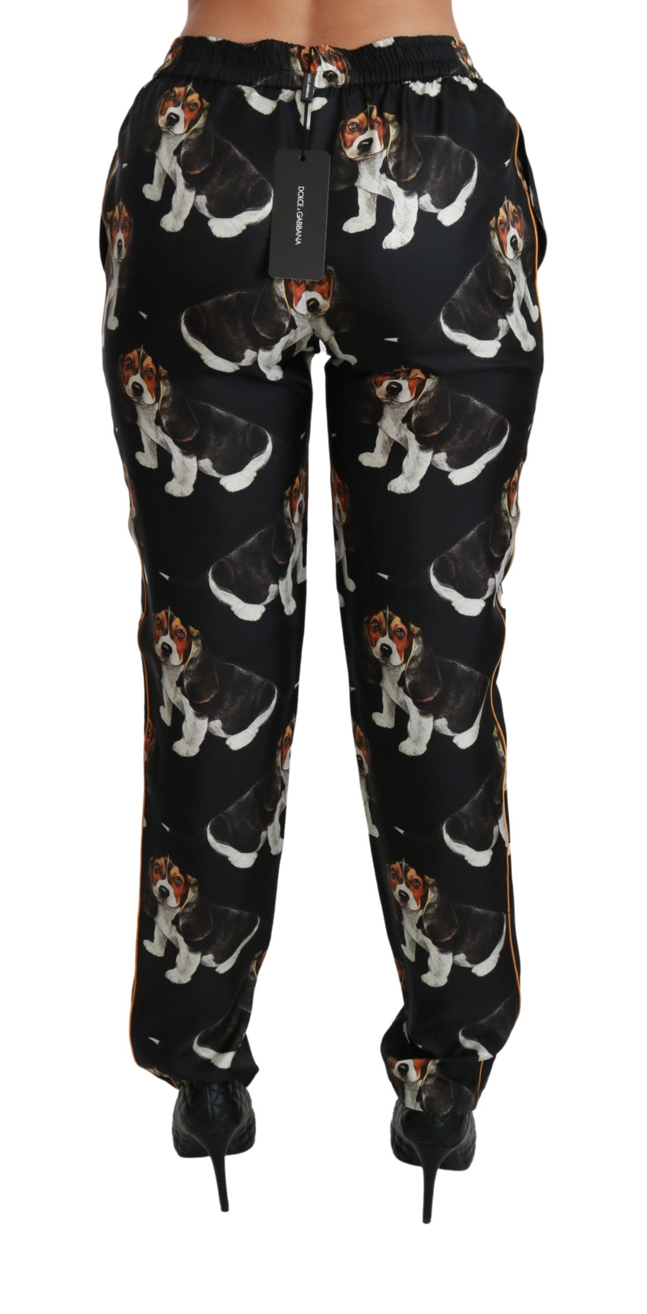 Pantalones elegantes con estampado de cachorro de seda