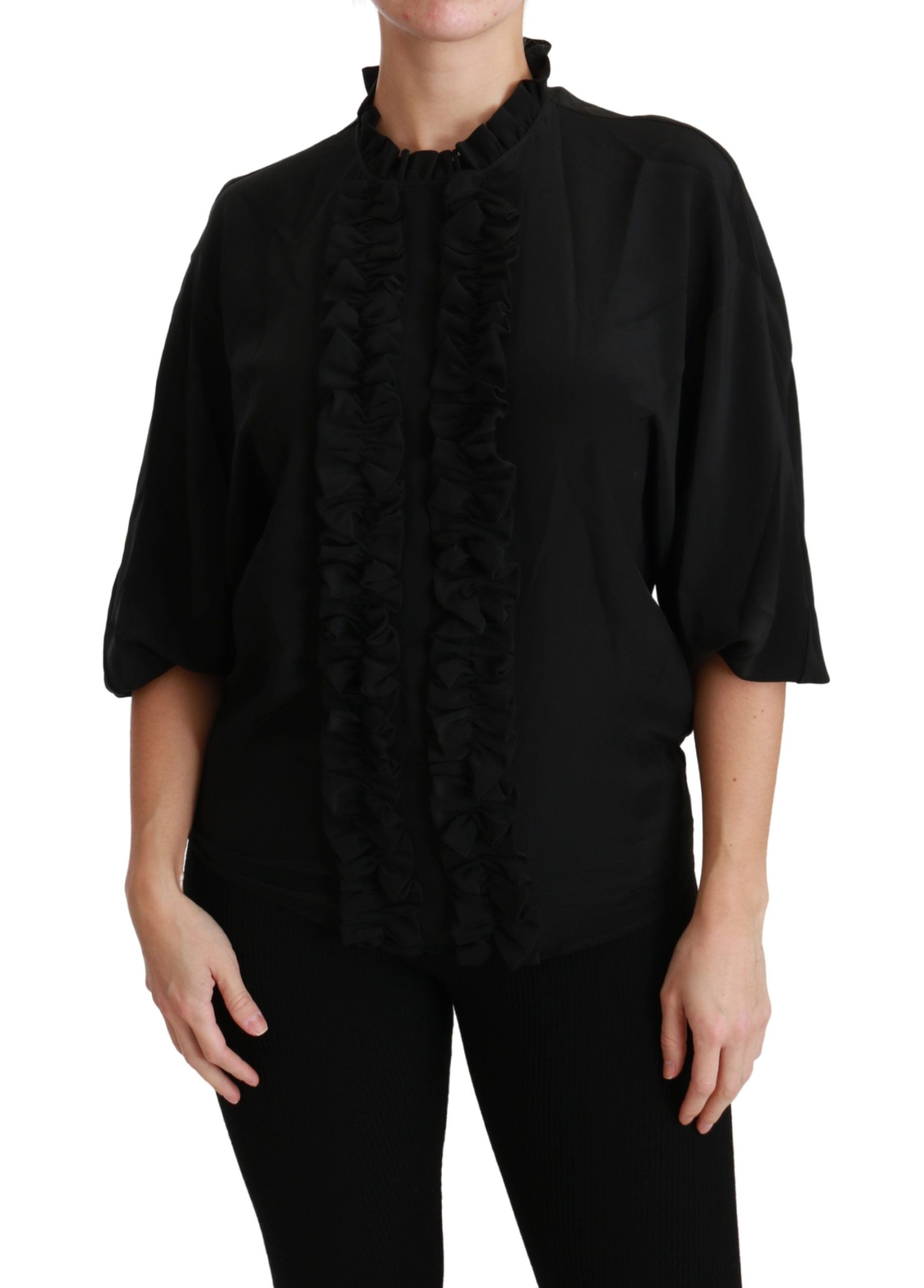 Elegante blusa de manga corta de seda negra