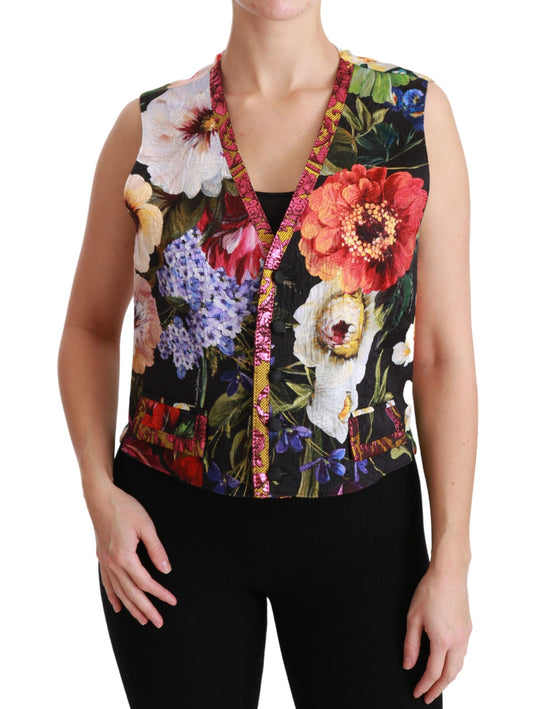 Veelkleurig brokaat mouwloos vest met bloemen