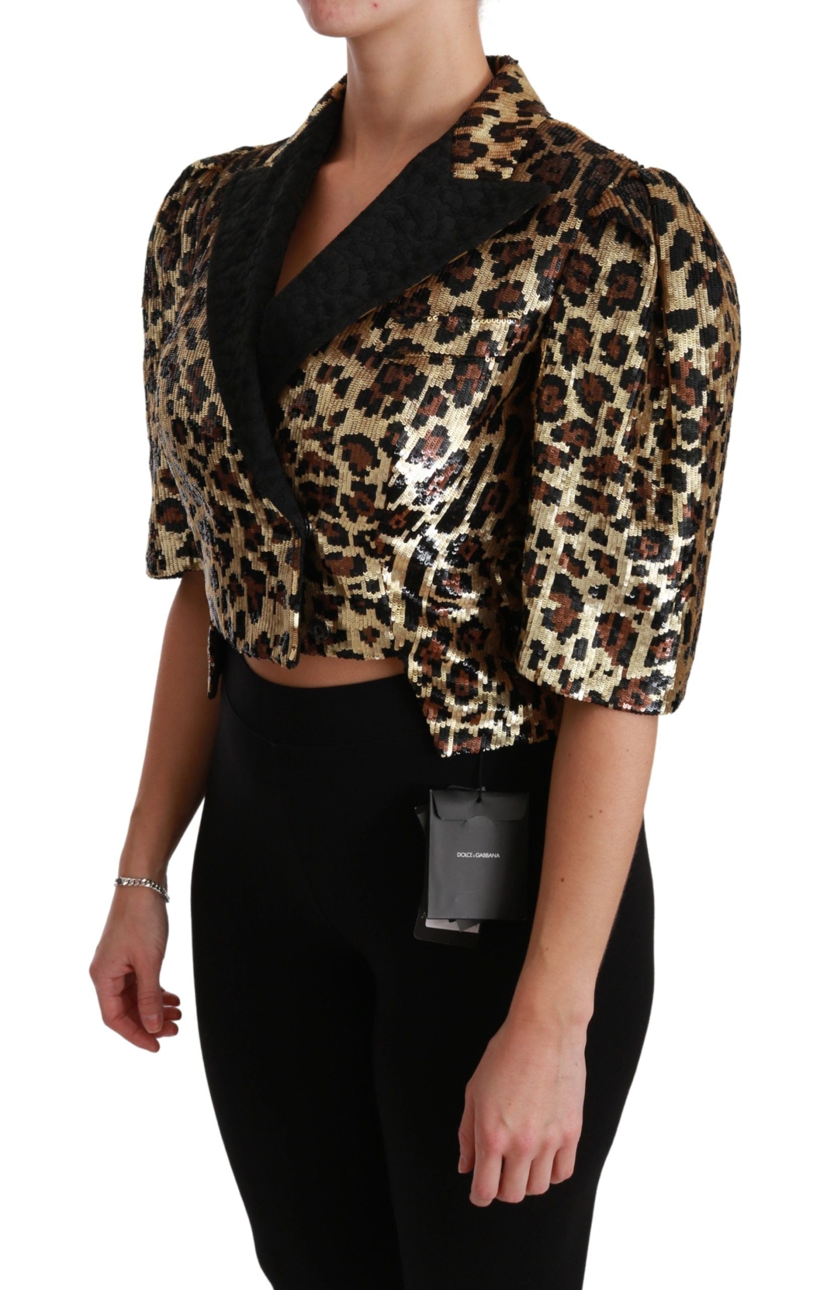 Gouden blazer met korte mouwen en luipaardprint